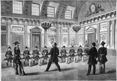 The son of Napoleon III, Prince Imperial (1856-1879), practicing weapons with the guards, before his father Emperor Napoleon III (1808-1873), in the guard room of the castle of Compiegne. Engraving in "Le Monde Illustré" n°349 of December 19 by French School