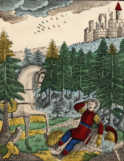 The story of the four sons Aymon; Bayard, hearing the noise of the soldiers that Ripas had with him to hang Richard, awakens Regnault by striking on his shield by French School