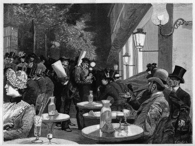 The terrace of a cafe of the Boulevard at midnight in Paris. Engraving in 