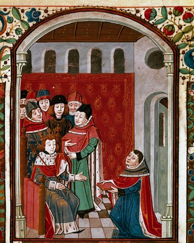 The translator John de Meung (1240-1305) donates his work to King Philip IV the beautiful (1268-1314). Miniature from 