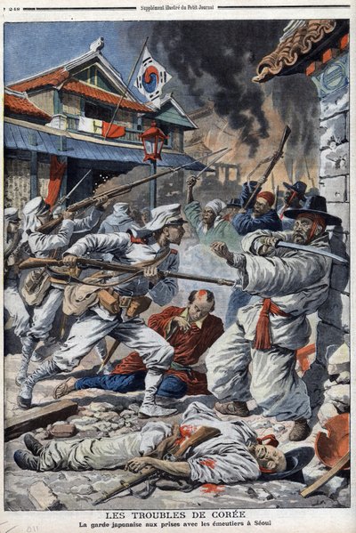The troubles of Korea, the Japanese guard struggling with the emeutiers in Seoul, discontent with the abdication of Yi-Yeung - 