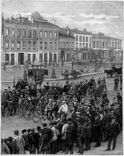 The velocipedes race from Bordeaux to Paris: the velocipedists depart from Bordeaux on 23 May 1891, at 5 a.m. Engraving in 