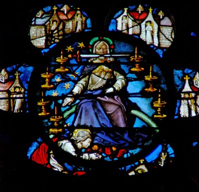 The West Rose Window Depicting a Scene from the Book of Revelation: Christ Enthroned on a Rainbow Surrounded by Seven Golden Candlesticks and the Seven Churches of Asia by French School