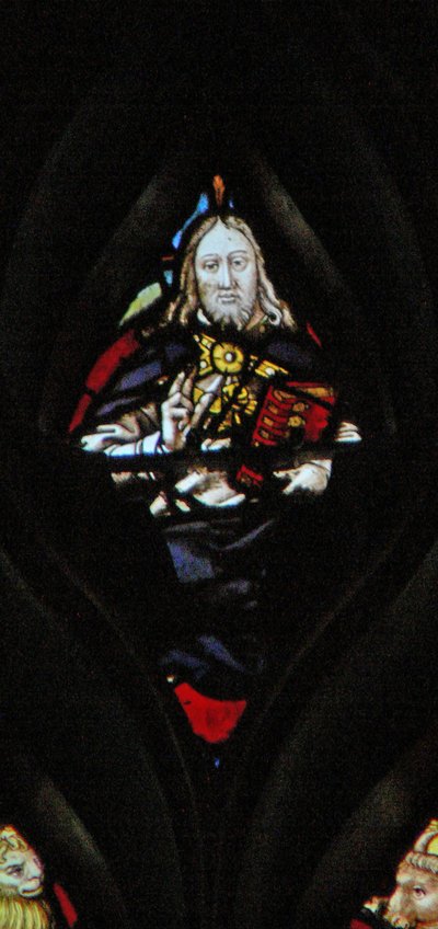 The west rose window depicting a scene from the Book of Revelation: God on his throne with the closed book of seven seals by French School