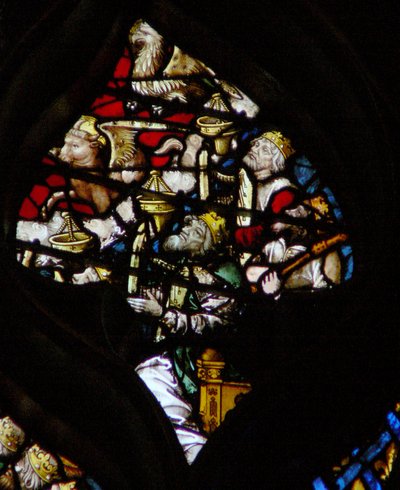 The west rose window depicting a scene from the Book of Revelation: More elders, the bull of St Luke and the eagle of St John by French School