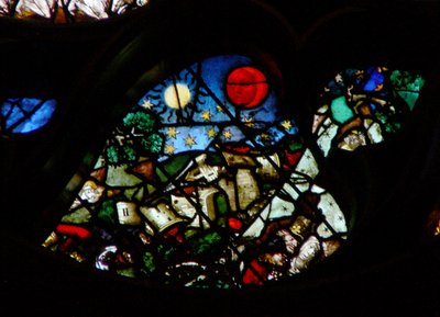 The west rose window depicting a scene from the Book of Revelation: Opening the sixth seal: The great day of his wrath; the ruin created by earthquakes, the sun with a black sackcloth of hair by French School