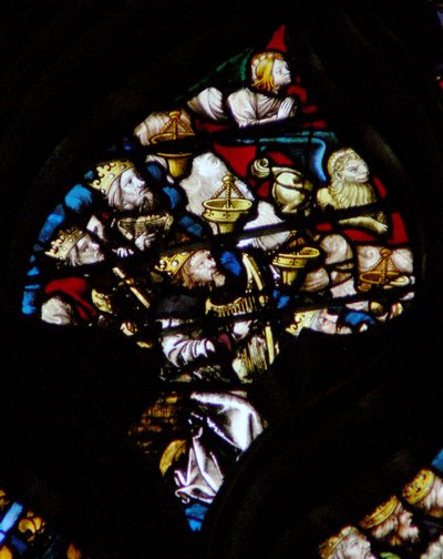 The west rose window depicting a scene from the Book of Revelation: Twenty four elders together with the angel of St Matthew and the lion of St Mark by French School