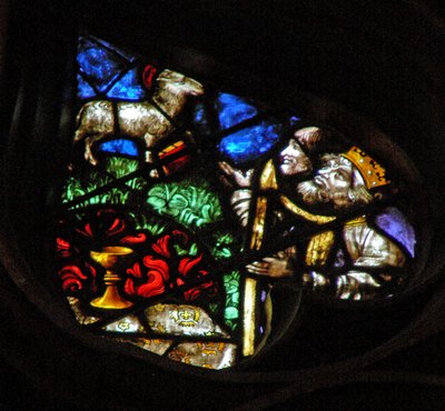 The west rose window depicting a scene from the Book of Revelation: Lamb on Mount Sion with two of the 144,000, redeemed by French School