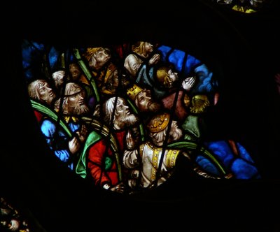 The west rose window depicting a scene from the Book of Revelation: Multitude before the throne of God, in white robes carrying palms by French School