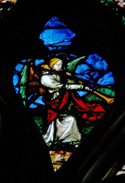 The west rose window depicting a scene from the Book of Revelation: Sixth trumpet by French School