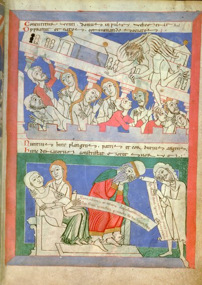 The wind personified by Satan brings down the House of Job on his children who are gathered around the table, and Job