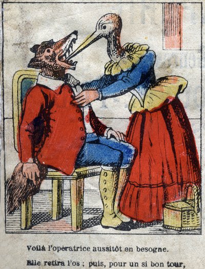 The wolf and the stork. Fables by Jean de La Fontaine. Epinal imaging from the end of the 19th century by French School