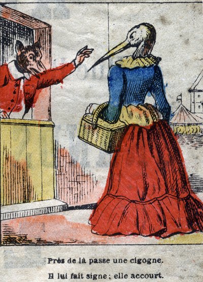 The wolf and the stork. Fables by Jean de La Fontaine (1621-95). Epinal imaging from the end of the 19th century. by French School