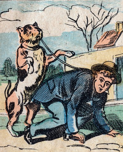 The world upside down, an imaginary land: a dog walking his master with a leash - Epinal picture by French School