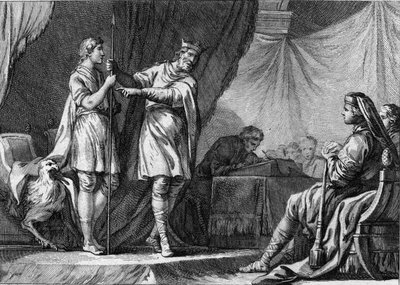 Thibaut I, king of Austrasia, rejecting the offer of the ambassadors of the Byzantine emperor Justinian to abandon the defense of the Ostrogoths and to join with the Empire. Engraving of the 18th century by French School