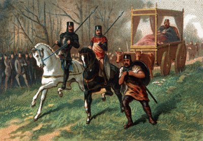 Thierry I (? - 533), King of Austrasia on a cart drags by oxen. Chromolithography of the late 19th century. by French School