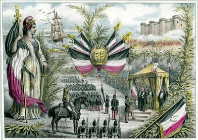 Third Republic: the triumphant republic presides at the Grand National Fete of 14/07/1880 on Place de la Bastille. July 14 becomes a national fete of France and the tricolour flag is adopted. Engraving around 1880 Private Collection by French School