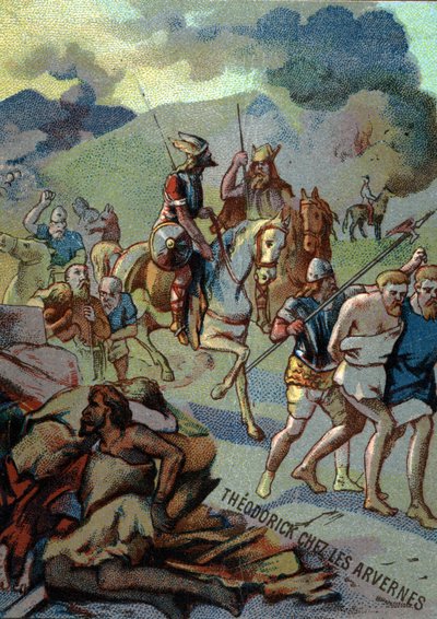 Theoderick, eldest son of Clovis, in the Arvernes (Auvergne) (532-533). Chromolithography of the Series Patriotic Education through Image by French School
