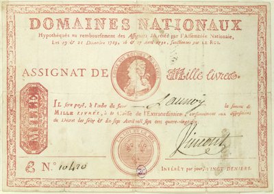 Thousand Livre Banknote with a Picture of Louis XVI (1754-93), 1790 by French School