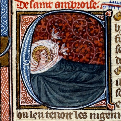 Three bees come out of the mouth of Saint Ambrose. Miniature in 
