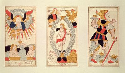 Three tarot cards depicting Judgement, The World and The Fool by French School
