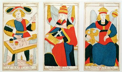 Three tarot cards depicting The Magician, The High Priestess and The Empress by French School