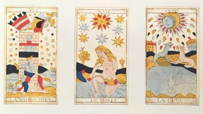 Three tarot cards depicting The Tower, The Star and The Moon by French School