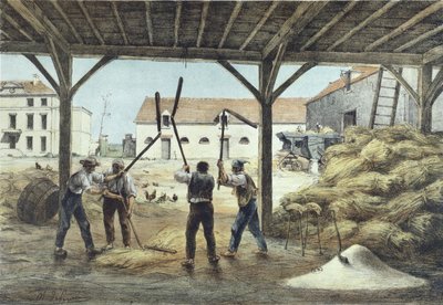 Threshing corn, illustration from a school textbook Enseignement par les yeux, 2nd half 19th century by French School