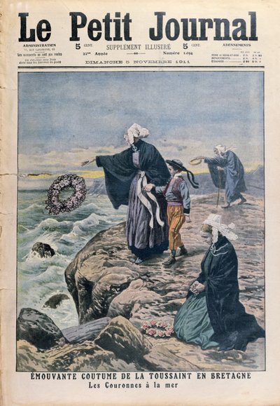 Throwing wreaths in the sea on All Saints Day in Brittany, cover illustration from Le Petit Journal, 5th November 1911 by French School