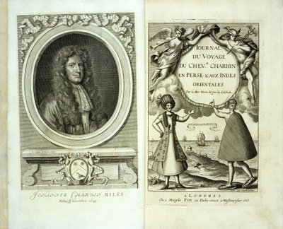 Title page and frontispiece portrait of Journal du Voyage de Chevalier Chardin en Perse et aux Indes Orientales by Jean Chevalier Chardin by French School