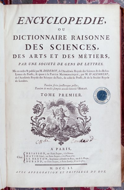 Title Page of Encyclopedia by Denis Diderot (1713-84), published in Paris in 1751 by French School