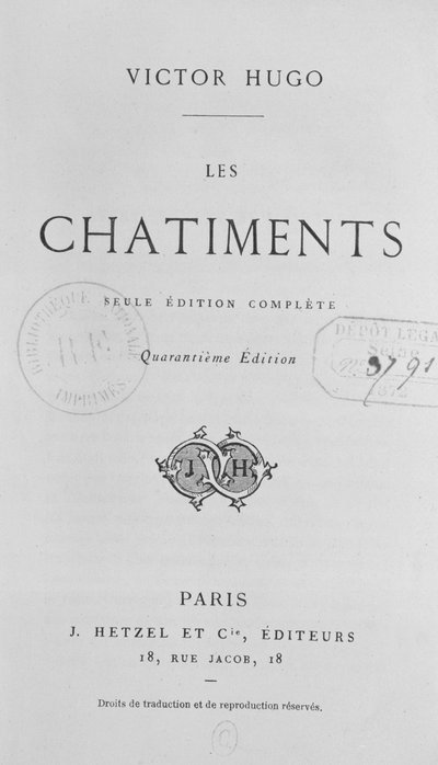 Title page of Les Chatiments by Victor Hugo, 40th edition published by J. Hetzel, 1872 by French School