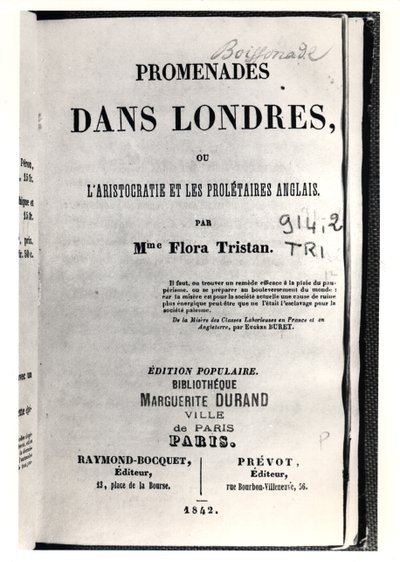 Title page of Promenades dans Londres by Flora Tristan, published in Paris by Raymond-Bocquet et Prevot, 1842 by French School