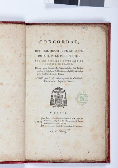 Title page of the Concordat et Recueil des bulles et brefs de N. S. P. le Pape Pie VII, published by Giovanni Battista Caprara, Paris, Chez Le Clers, 1802 by French School