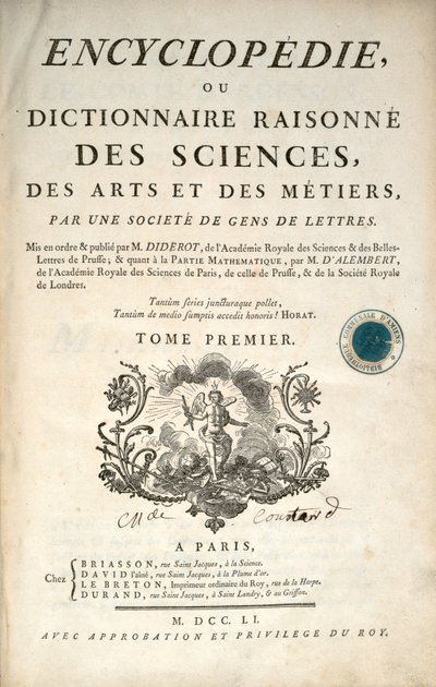 Title page of the first volume of the Encyclopedia by Denis Diderot and Jean le Rond d