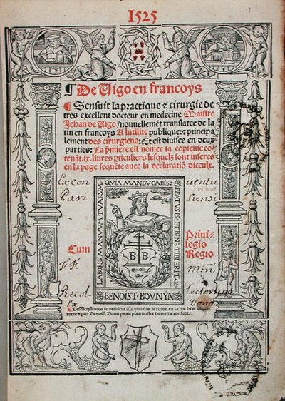 Titlepage from a book on surgery by Jean de Vigo 1525 by French School