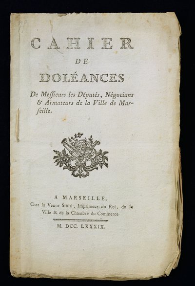 Titlepage of the Book of Complaints of the Deputies, Merchants and Shipowners of Marseille, 1789 by French School