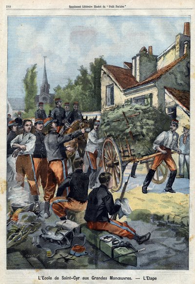 To give an idea of the life of a soldier in the field, the students of the school of Saint Cyr are sent on a manoeuvre to carry out their own supply chores. Engraving in 