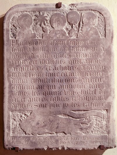 Tombstone of Nicolas Flamel, originally from the Church of Saint-Jacques-de-la-Boucherie, 1418 by French School