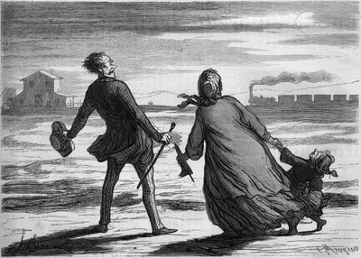 Too late! : a family just missed its train. Cartoon by Honore Daumier. Engraving in 