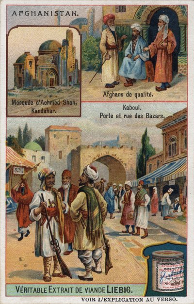 Top: Achmed Shah Mosque in Kandahar and portraits of rich Afghans. Bottom: Kabul bazaar in Afghanistan by French School