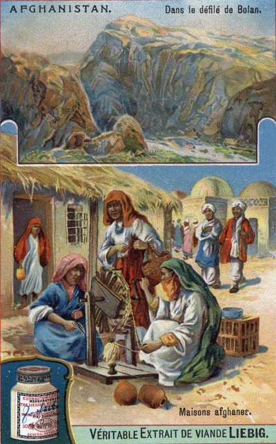 Top: Bolan parade in Afghanistan. Bottom: Afghan women weaving wool in front of their homes (Chromolithography of the 19th century) by French School
