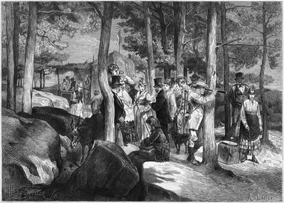Tourists at the gorges of Apremont, near the entrance of the cave, in the forest of Fontainebleau by French School