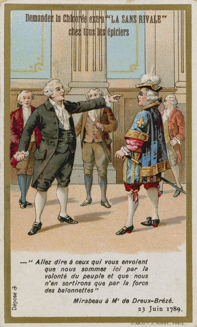 Trade card depicting the response of the comte de Mirabeau to the marquis de Dreux-Breze by French School