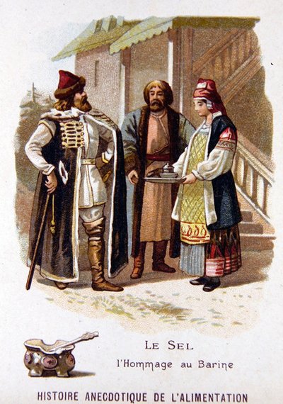 Traditional Russian offering of bread and salt to a visitor by French School