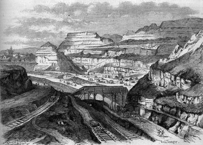 Transformations of Paris under the Second Empire, Paris Haussmannian: transformation into a park of the plaster quarries of Buttes-Chaumont (Buttes Chaumont). Engraving in "Le Monde Illustre" n°306 of 21 February 1863 by French School