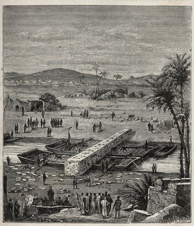Transport of the obelisk of Ptolemee Philadelph (Ptolemaios Philadelphos) (Ptolemee II) on the Nile to Alexandria - Engraving in Sciences available to all - Popular physics and chemistry by Alexis Clerc - End 19th century - Private collection. by French School