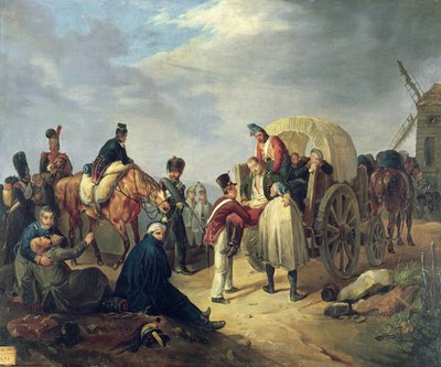 Transporting wounded soldiers during the Napoleonic wars by French School