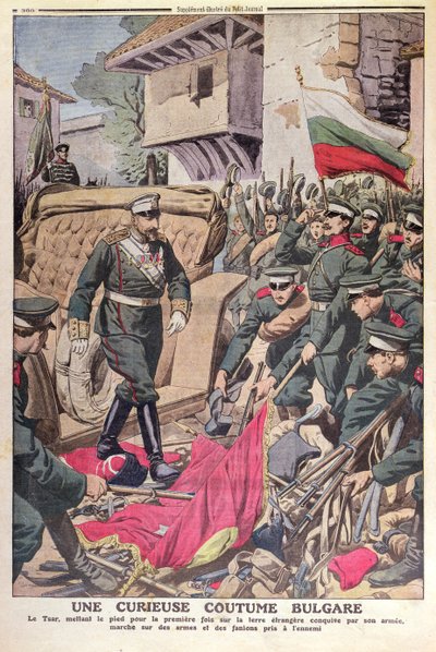 Tsar Ferdinand I (1861-1948) of Bulgaria walking over captured flags during the Balkan War of 1912, November 1912 by French School