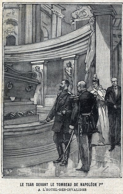 Tsar Nicholas II of Russia and Tsarina Alexandra Fiodorovna Romanova in front of the tomb of Napoleon I Bonaparte at the Hotel des Invalides in Paris, in "Le Petit Parisien" by French School